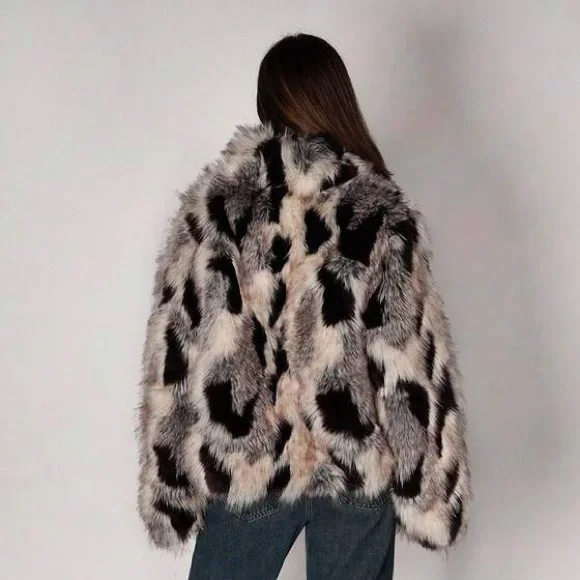 Stylish Faux Fur Jacket - Black and Gray Animal Print - Picture 3 of 4